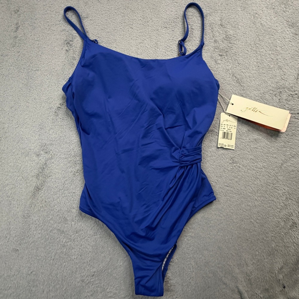 Gottex Women Blue Ruched One Piece Swimsuit Size 10 Denim Adjustable Straps New